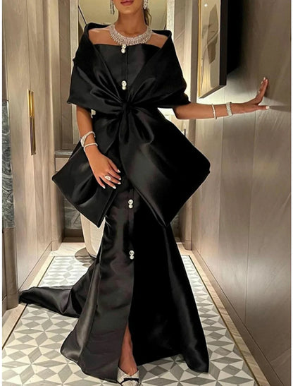 Mermaid Evening Gown Black Dress Elegant Dress Formal Court Train Half Sleeve Off Shoulder Satin with Bow(s) Slit