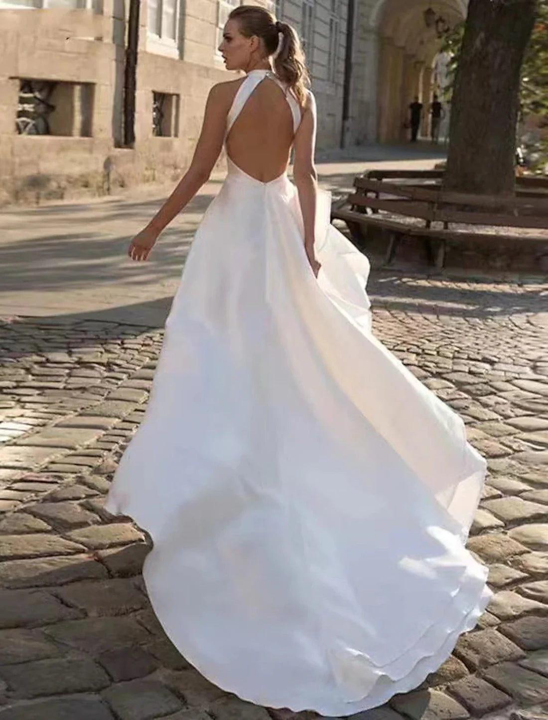 Wedding Dresses&Bridal Dresses A-Line Halter Sleeveless Court Train Satin Bridal Gowns With Solid Color