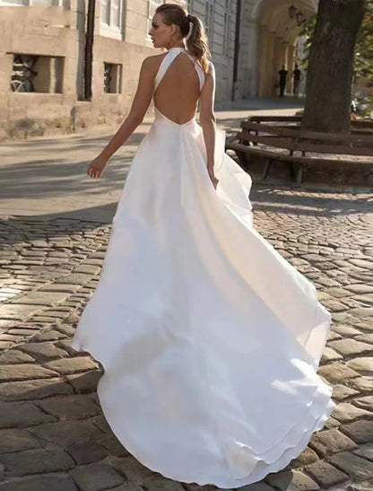 Wedding Dresses&Bridal Dresses A-Line Halter Sleeveless Court Train Satin Bridal Gowns With Solid Color