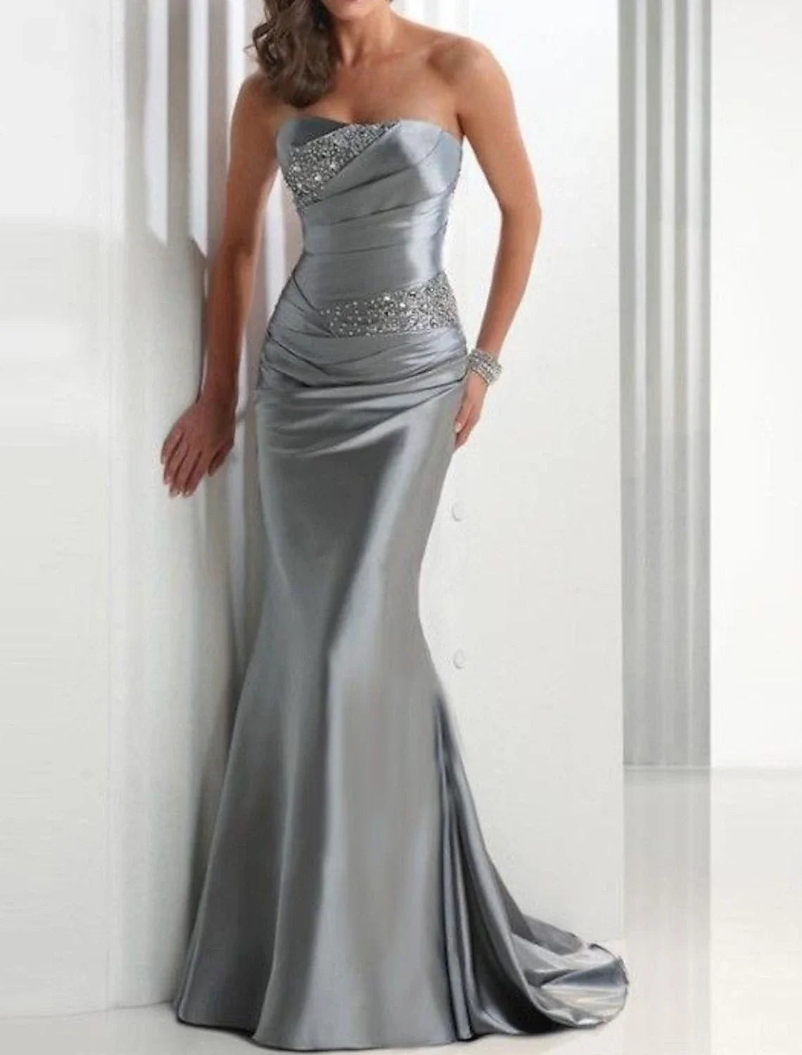 Mermaid / Trumpet Elegant Sparkle & Shine Wedding Guest Formal Evening Dress Strapless Sleeveless Sweep / Brush Train Satin with Crystals