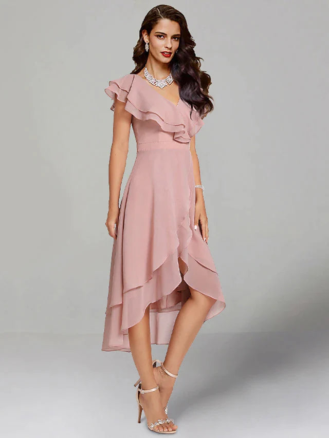 A-Line Wedding Guest Dresses Elegant Dress Cocktail Party Tea Length Short Sleeve V Neck Chiffon with Slit