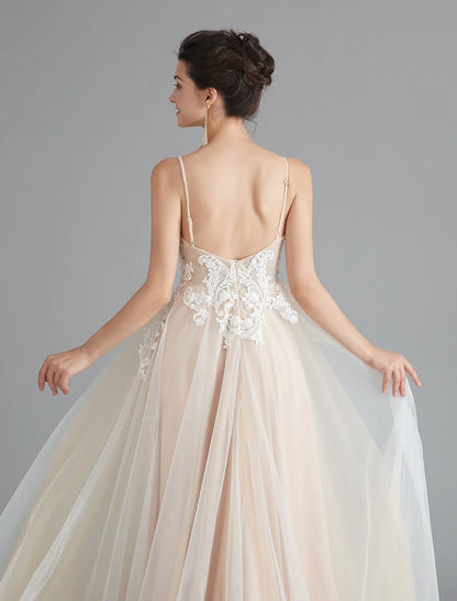 A-Line Prom Dresses Beautiful Back Dress Wedding Guest Sweep / Brush Train Sleeveless V Neck Lace with Beading