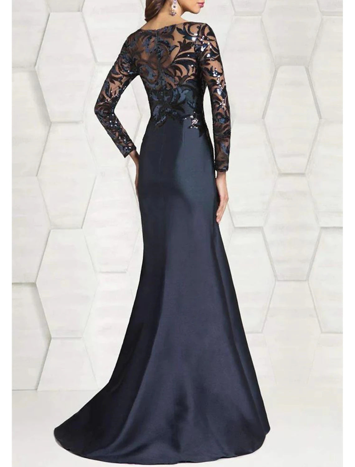 Sheath Mermaid Trumpet Wedding Guest Dress Jewel Neck Floor Length Mother of the Bride Dress Long Sleeve Prom Dress