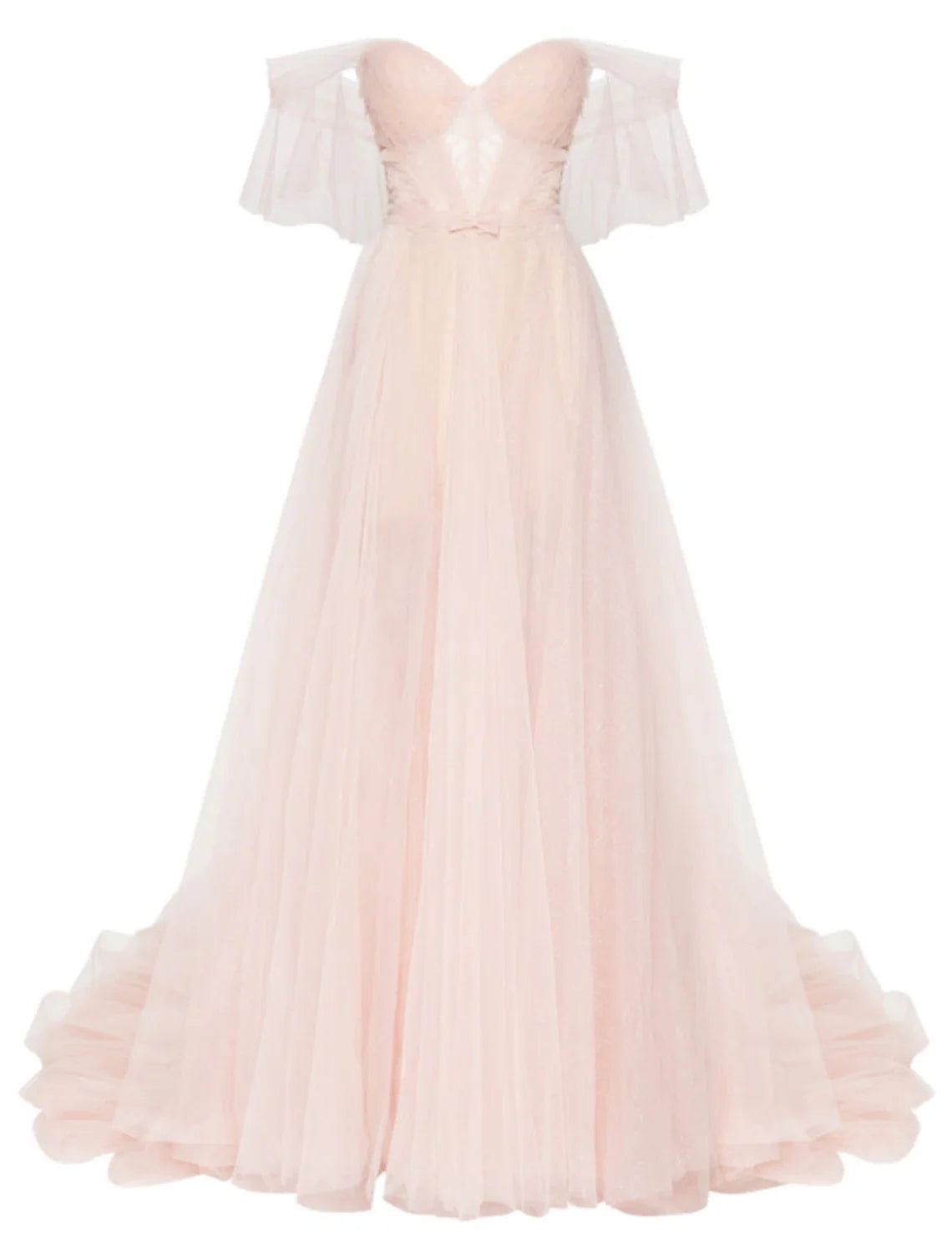 A-Line Elegant Engagement Formal Evening Dress Sweetheart Neckline Sleeveless Court Train Tulle with Bow(s) Pleats