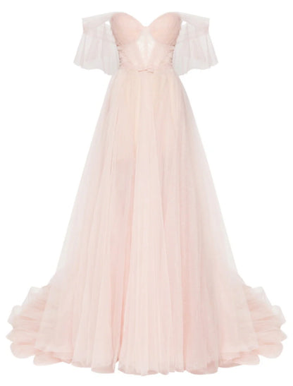 A-Line Elegant Engagement Formal Evening Dress Sweetheart Neckline Sleeveless Court Train Tulle with Bow(s) Pleats
