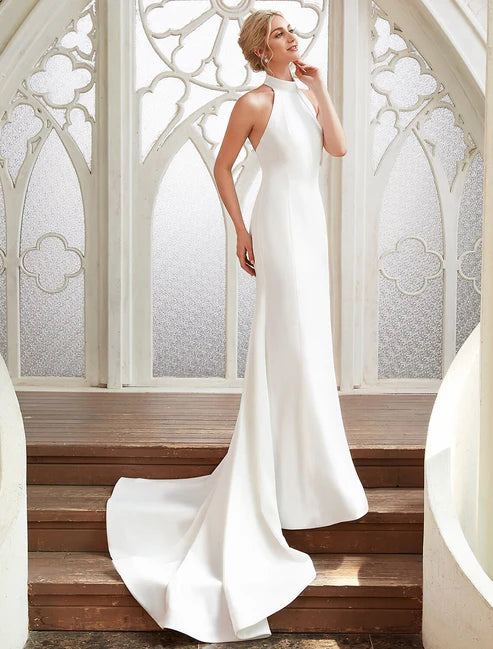Charming Bridal Shower Casual Open Back Wedding Dresses Court Train Sheath / Column Regular Straps Halter Satin With Pleats Bridal Gowns