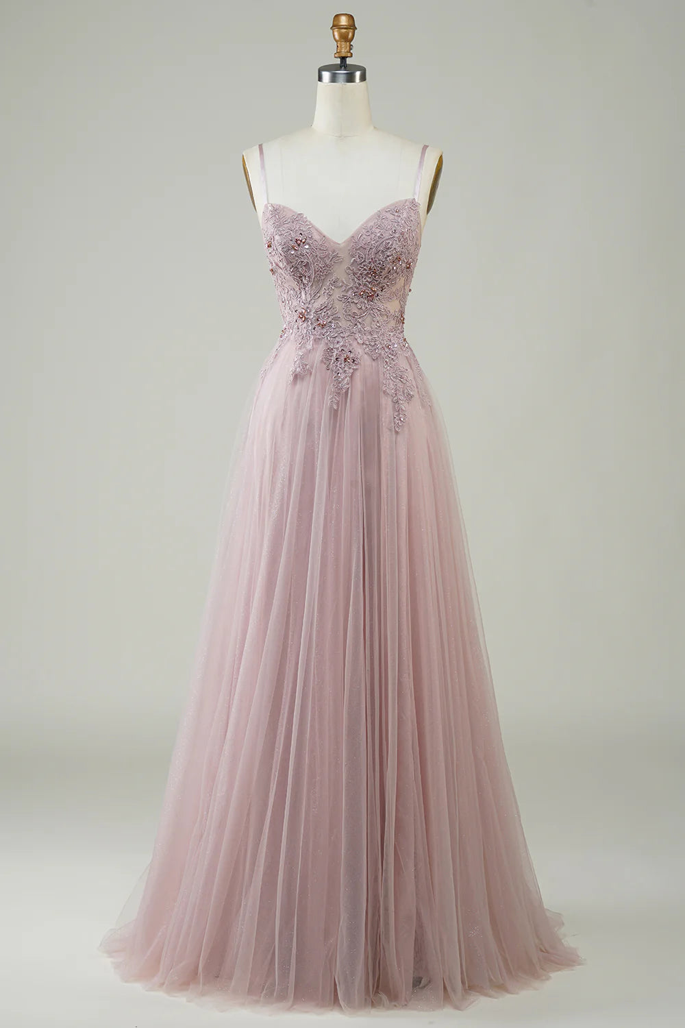 A-Line Spaghetti Straps V Neck  Sparkly Blush Tulle Long Prom Dress with Lace Appliques