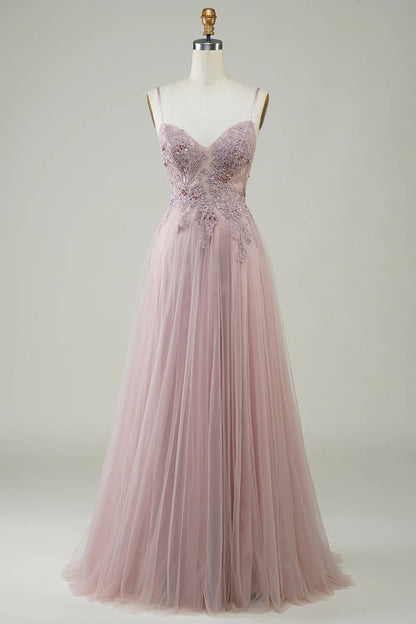A-Line Spaghetti Straps V Neck  Sparkly Blush Tulle Long Prom Dress with Lace Appliques