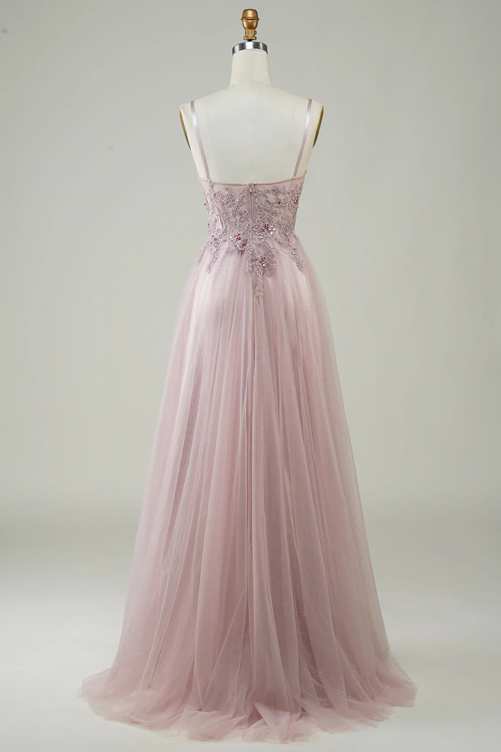 A-Line Spaghetti Straps V Neck  Sparkly Blush Tulle Long Prom Dress with Lace Appliques