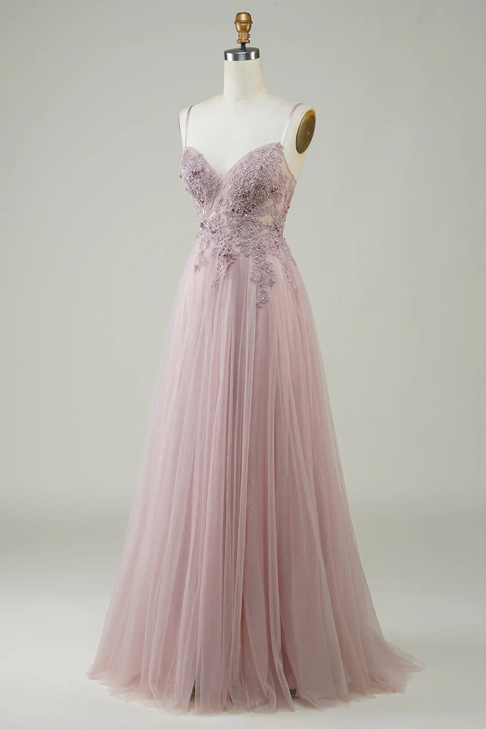 A-Line Spaghetti Straps V Neck  Sparkly Blush Tulle Long Prom Dress with Lace Appliques