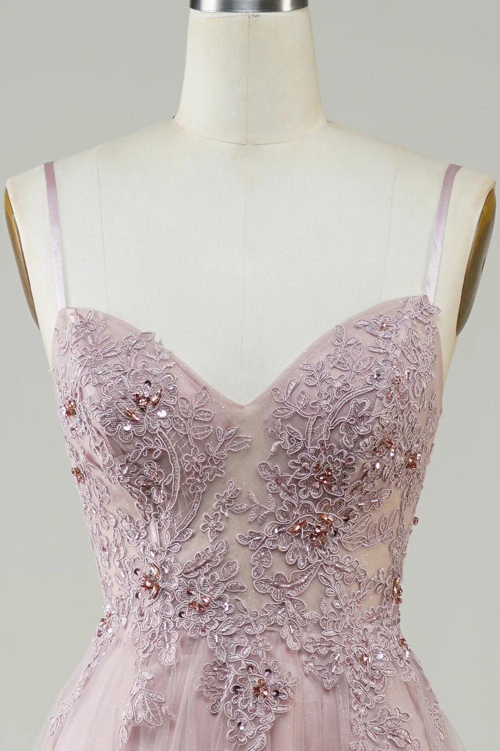 A-Line Spaghetti Straps V Neck  Sparkly Blush Tulle Long Prom Dress with Lace Appliques