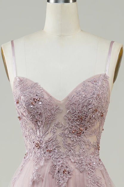A-Line Spaghetti Straps V Neck  Sparkly Blush Tulle Long Prom Dress with Lace Appliques