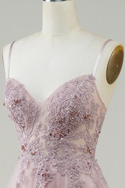 A-Line Spaghetti Straps V Neck  Sparkly Blush Tulle Long Prom Dress with Lace Appliques