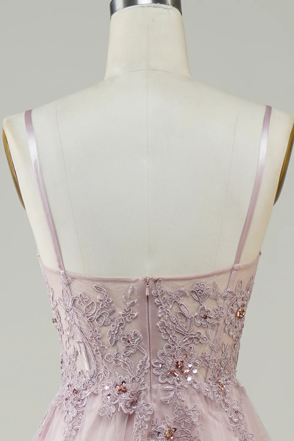 A-Line Spaghetti Straps V Neck  Sparkly Blush Tulle Long Prom Dress with Lace Appliques