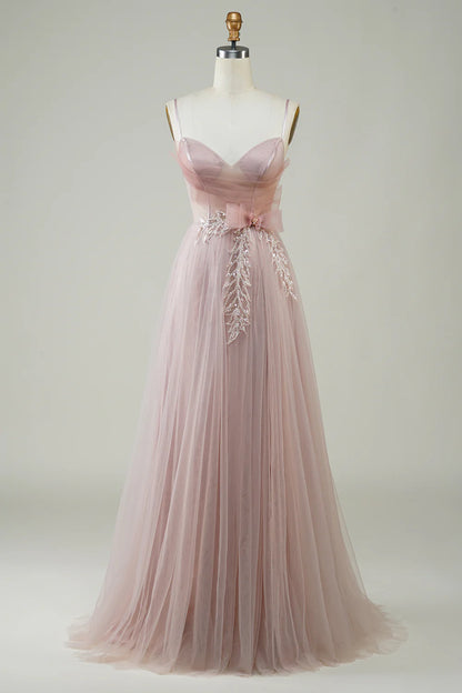 A-Line Corset Spaghetti Straps V Neck Long Tulle Prom Dress with Appliques