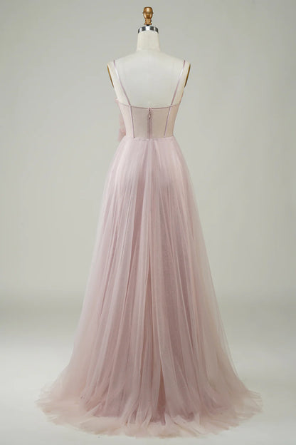 A-Line Corset Spaghetti Straps V Neck Long Tulle Prom Dress with Appliques