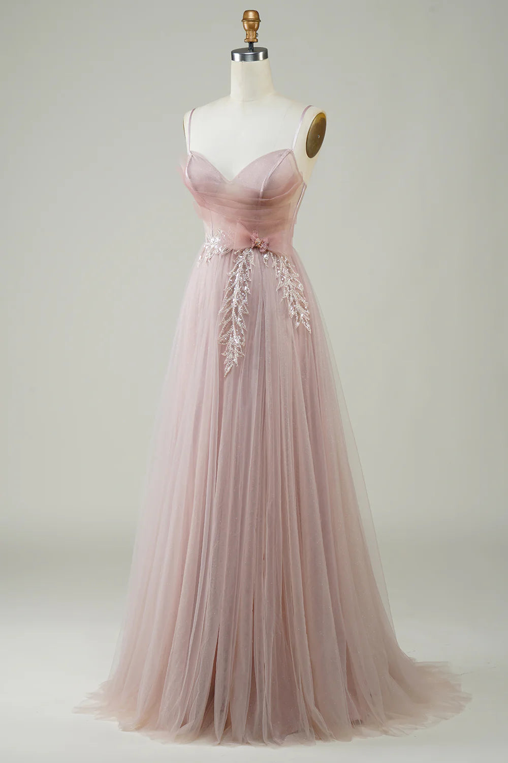 A-Line Corset Spaghetti Straps V Neck Long Tulle Prom Dress with Appliques