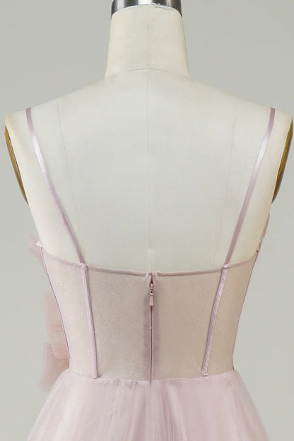 A-Line Corset Spaghetti Straps V Neck Long Tulle Prom Dress with Appliques