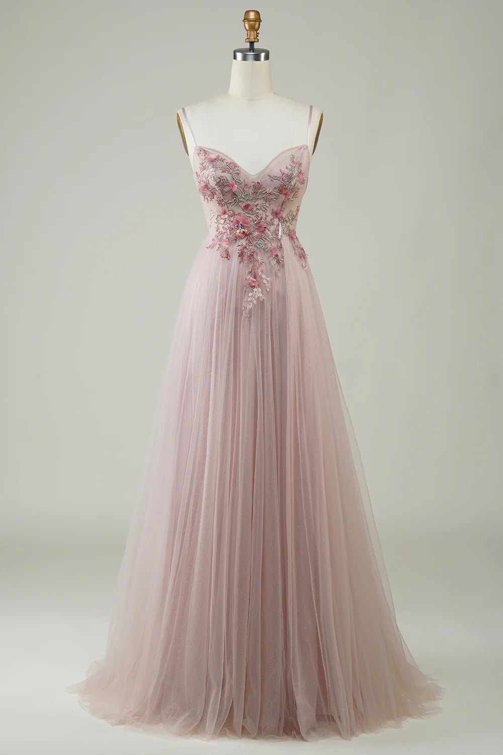 A-Line Spaghetti Straps V Neck Blush Corset Long Prom Dress with Flowers Appliques