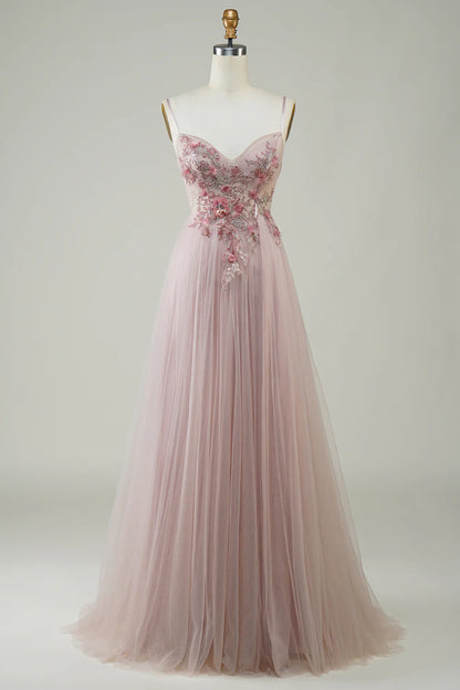 A-Line Spaghetti Straps V Neck Blush Corset Long Prom Dress with Flowers Appliques