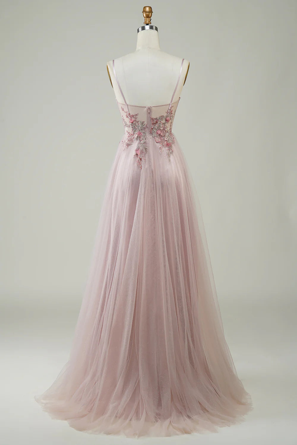 A-Line Spaghetti Straps V Neck Blush Corset Long Prom Dress with Flowers Appliques