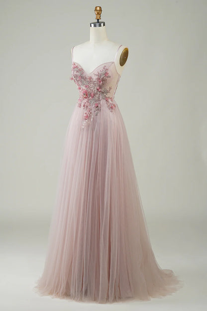 A-Line Spaghetti Straps V Neck Blush Corset Long Prom Dress with Flowers Appliques