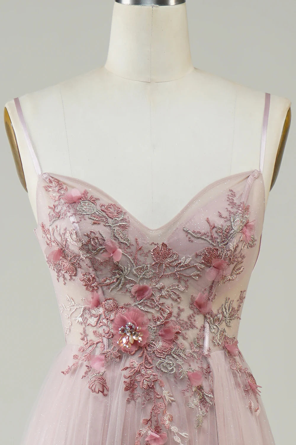 A-Line Spaghetti Straps V Neck Blush Corset Long Prom Dress with Flowers Appliques