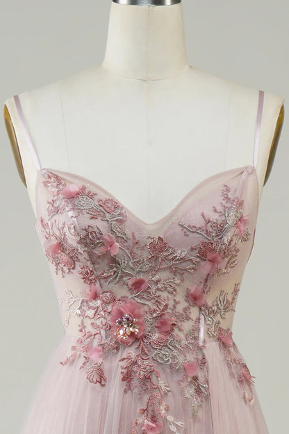 A-Line Spaghetti Straps V Neck Blush Corset Long Prom Dress with Flowers Appliques