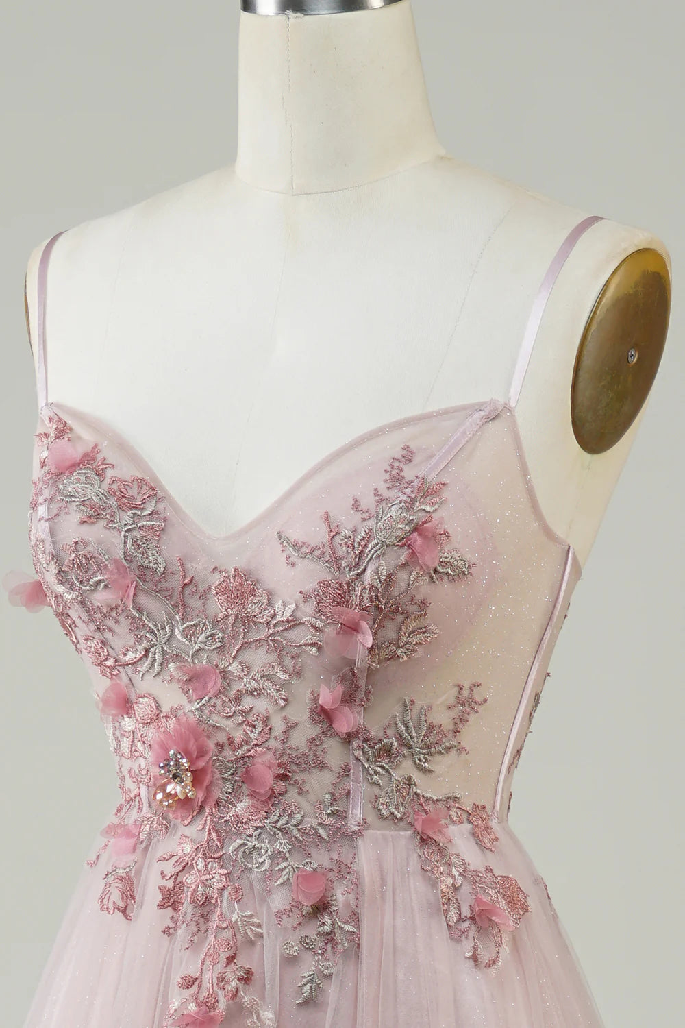 A-Line Spaghetti Straps V Neck Blush Corset Long Prom Dress with Flowers Appliques