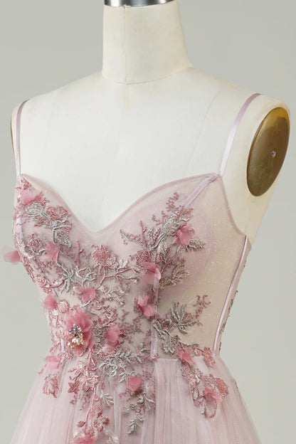 A-Line Spaghetti Straps V Neck Blush Corset Long Prom Dress with Flowers Appliques