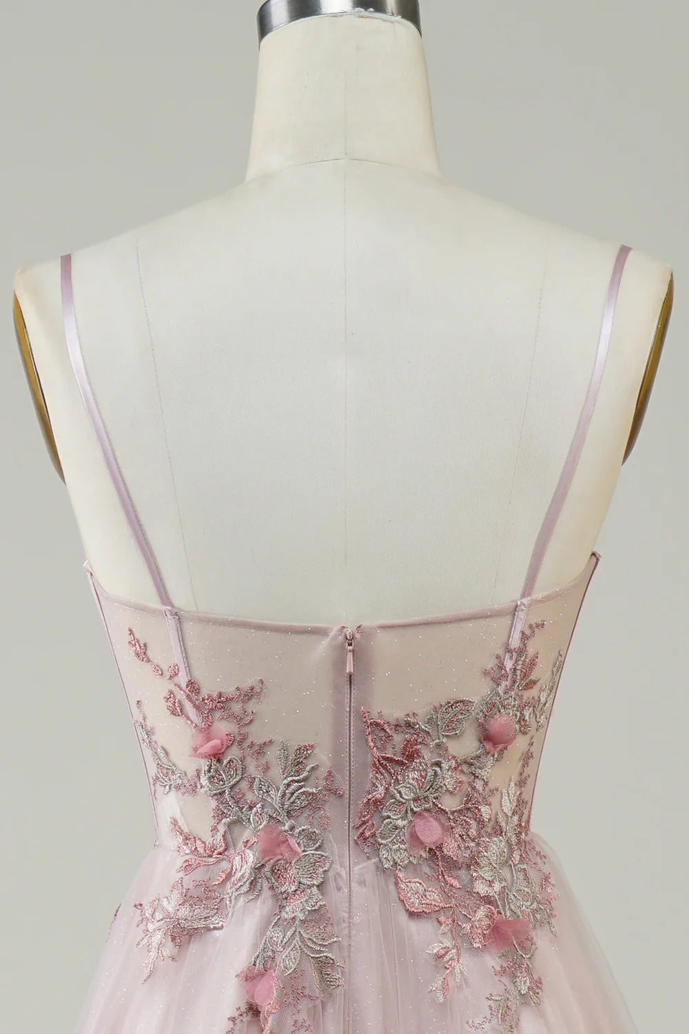 A-Line Spaghetti Straps V Neck Blush Corset Long Prom Dress with Flowers Appliques