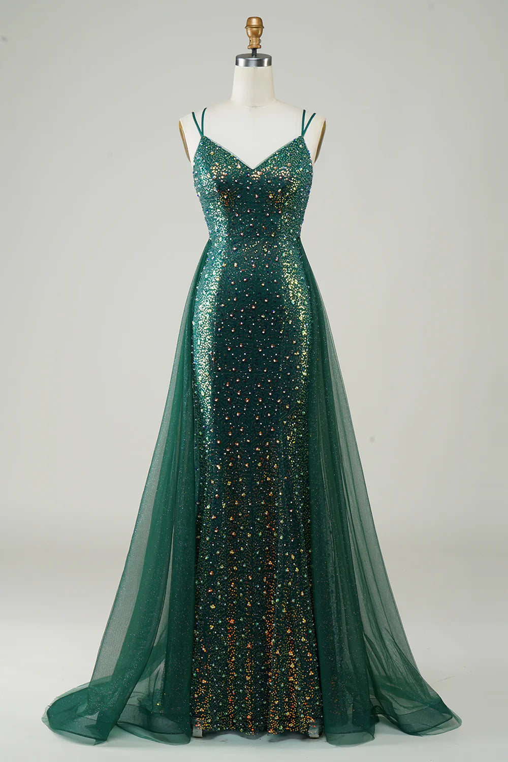 Glitter Sparking Spaghetti Straps V Neck Dark Green Beaded Long Prom Dress