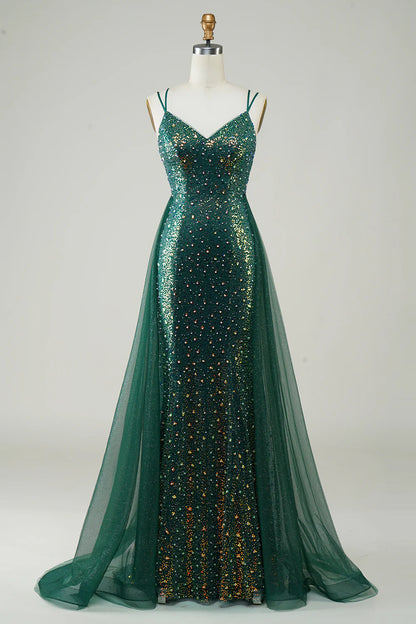 Glitter Sparking Spaghetti Straps V Neck Dark Green Beaded Long Prom Dress
