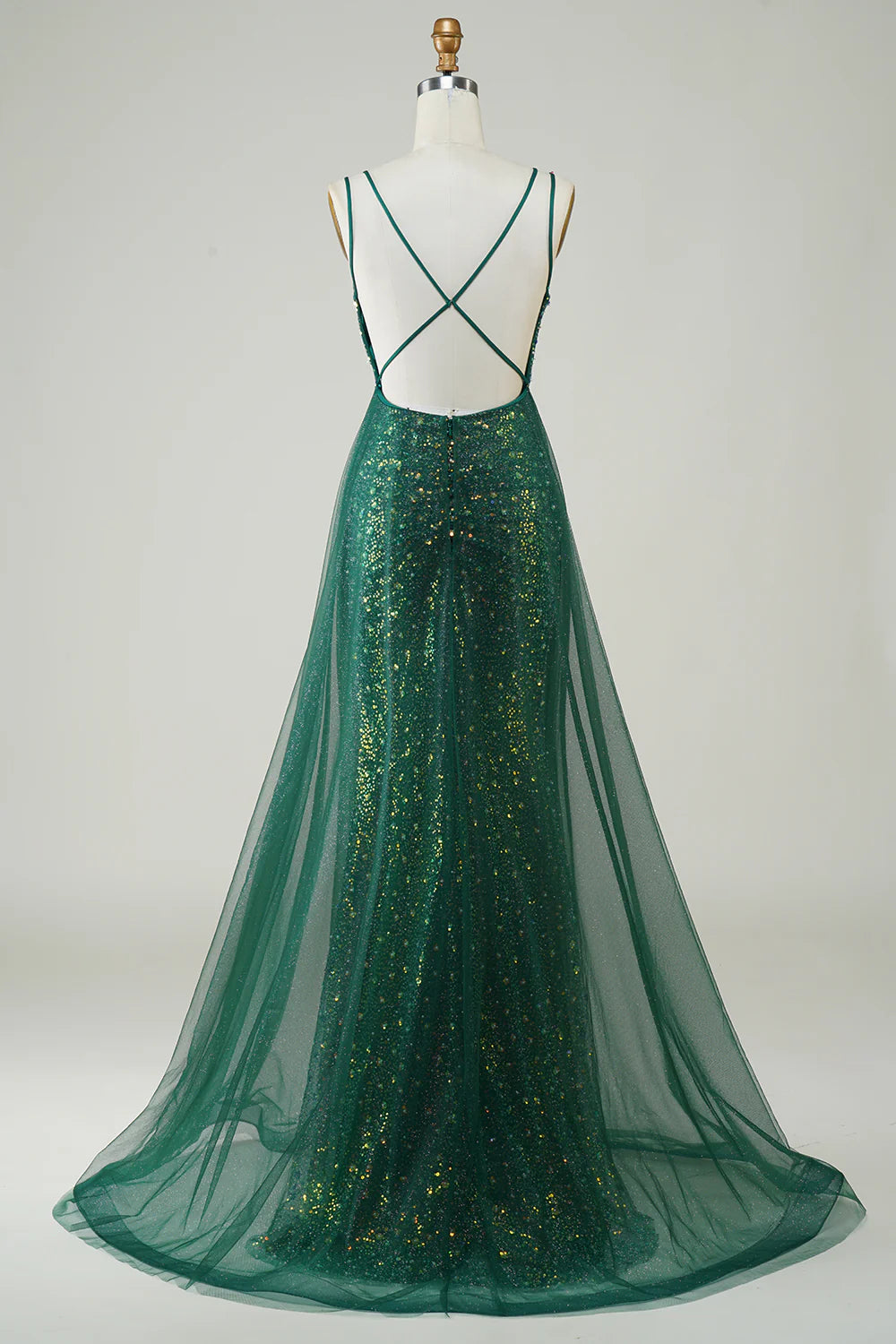 Glitter Sparking Spaghetti Straps V Neck Dark Green Beaded Long Prom Dress