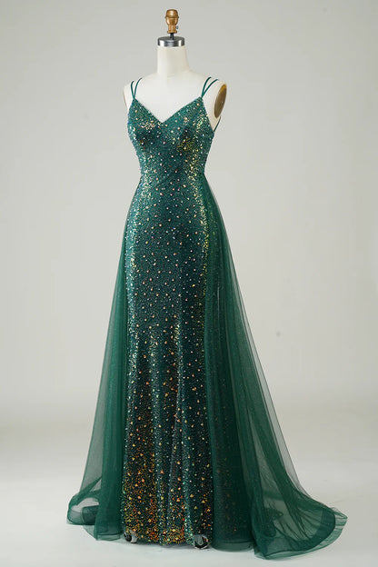 Glitter Sparking Spaghetti Straps V Neck Dark Green Beaded Long Prom Dress