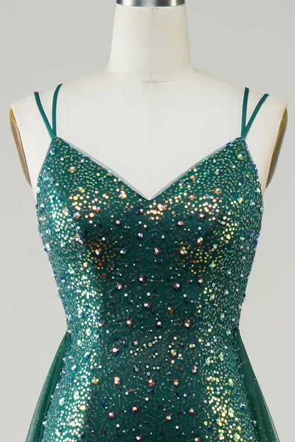 Glitter Sparking Spaghetti Straps V Neck Dark Green Beaded Long Prom Dress