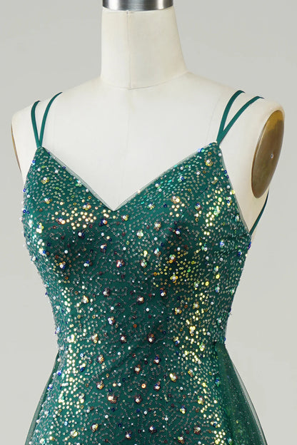 Glitter Sparking Spaghetti Straps V Neck Dark Green Beaded Long Prom Dress
