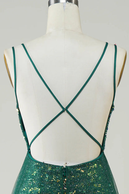 Glitter Sparking Spaghetti Straps V Neck Dark Green Beaded Long Prom Dress