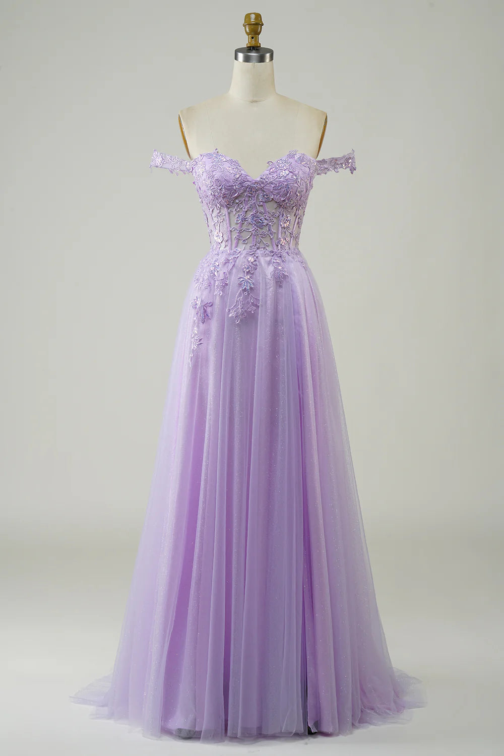 A-Line Off The Shoulder Lilac Corset Long Tulle Prom Dress with Lace Appliques