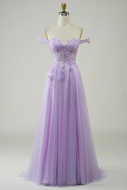 A-Line Off The Shoulder Lilac Corset Long Tulle Prom Dress with Lace Appliques
