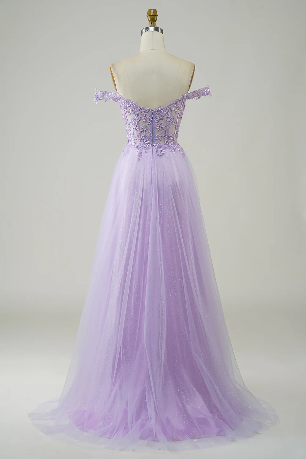 A-Line Off The Shoulder Lilac Corset Long Tulle Prom Dress with Lace Appliques