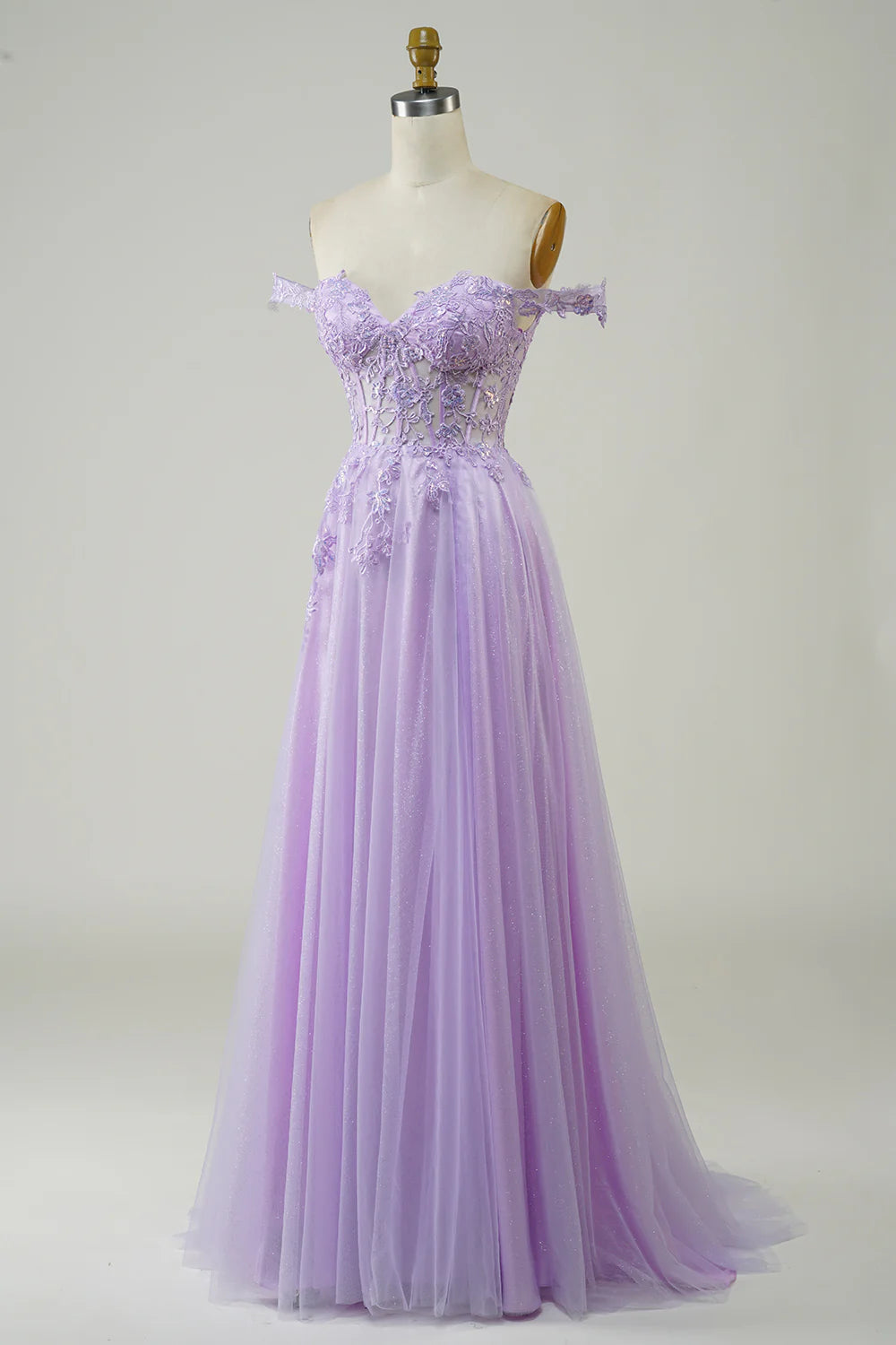 A-Line Off The Shoulder Lilac Corset Long Tulle Prom Dress with Lace Appliques