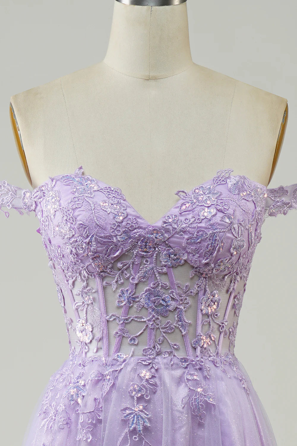 A-Line Off The Shoulder Lilac Corset Long Tulle Prom Dress with Lace Appliques