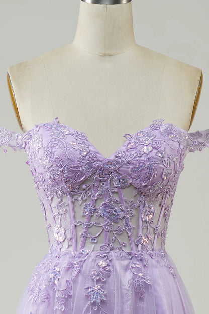 A-Line Off The Shoulder Lilac Corset Long Tulle Prom Dress with Lace Appliques