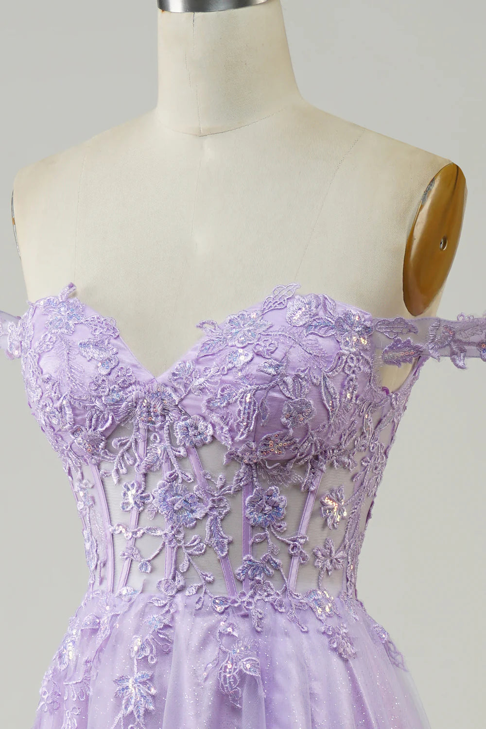 A-Line Off The Shoulder Lilac Corset Long Tulle Prom Dress with Lace Appliques