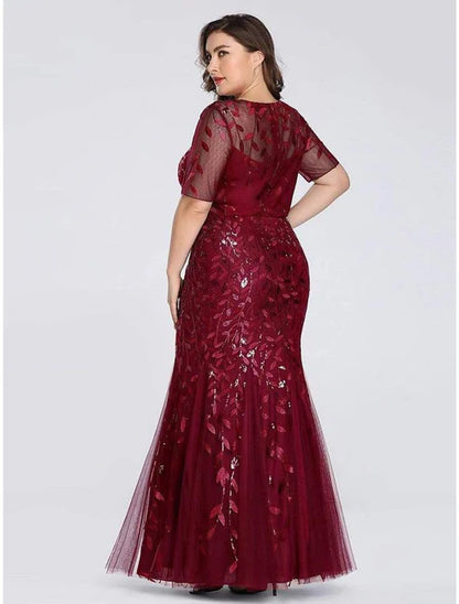 Mermaid / Trumpet Party Wear Formal Evening Dress Jewel Neck Short Sleeve Floor Length Tulle with Embroidery / Illusion Sleeve