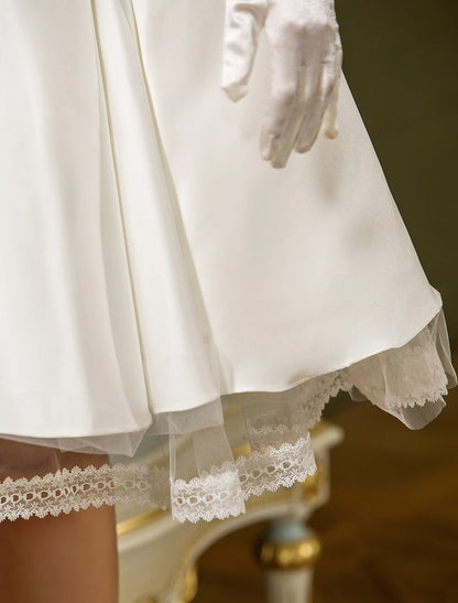 A-Line Sweetheart Cap Sleeve Knee Length Satin Bridal Gowns With Lace Button Little White Dresses Wedding Dresses
