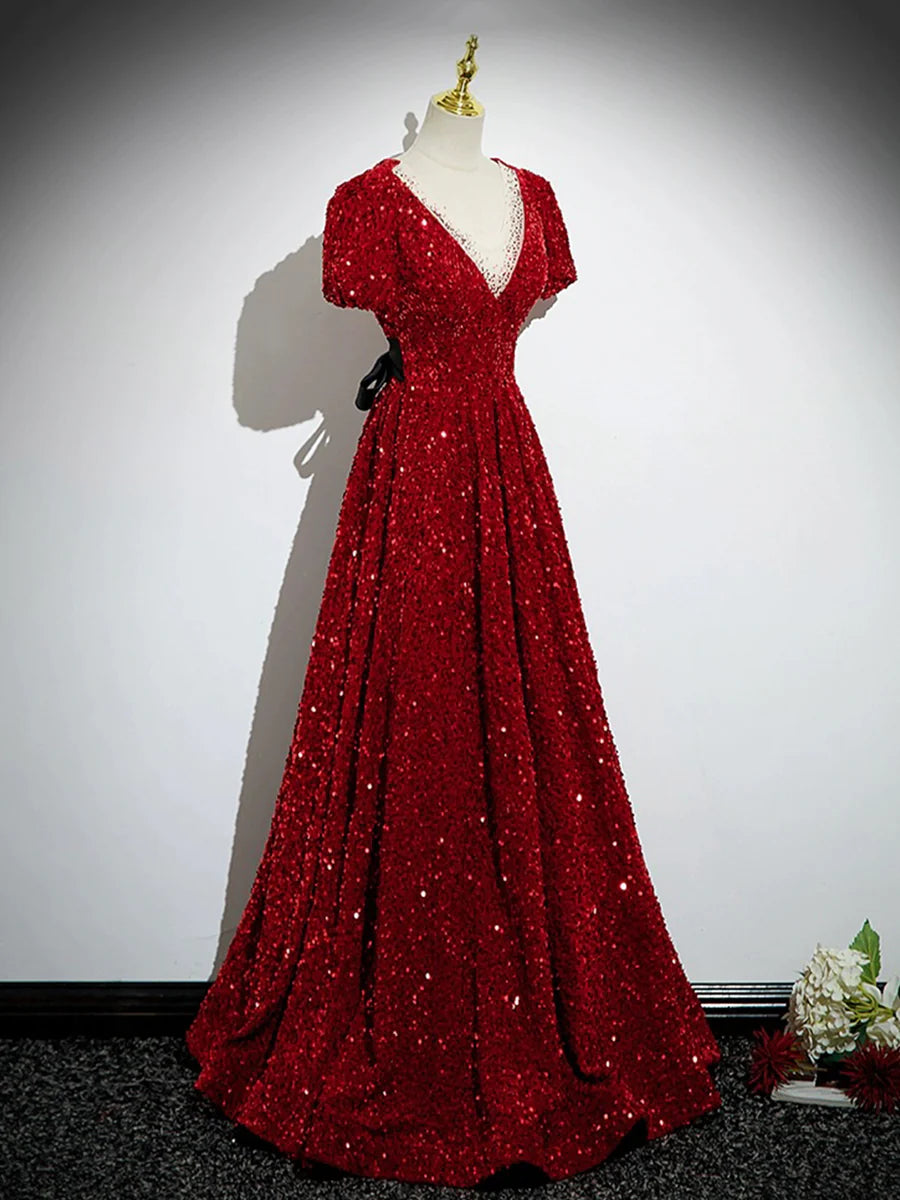A-Line Burgundy V-Neck Sequins Long Prom Dress Evening Party Dress with Bow