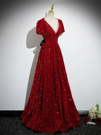 A-Line Burgundy V-Neck Sequins Long Prom Dress Evening Party Dress with Bow