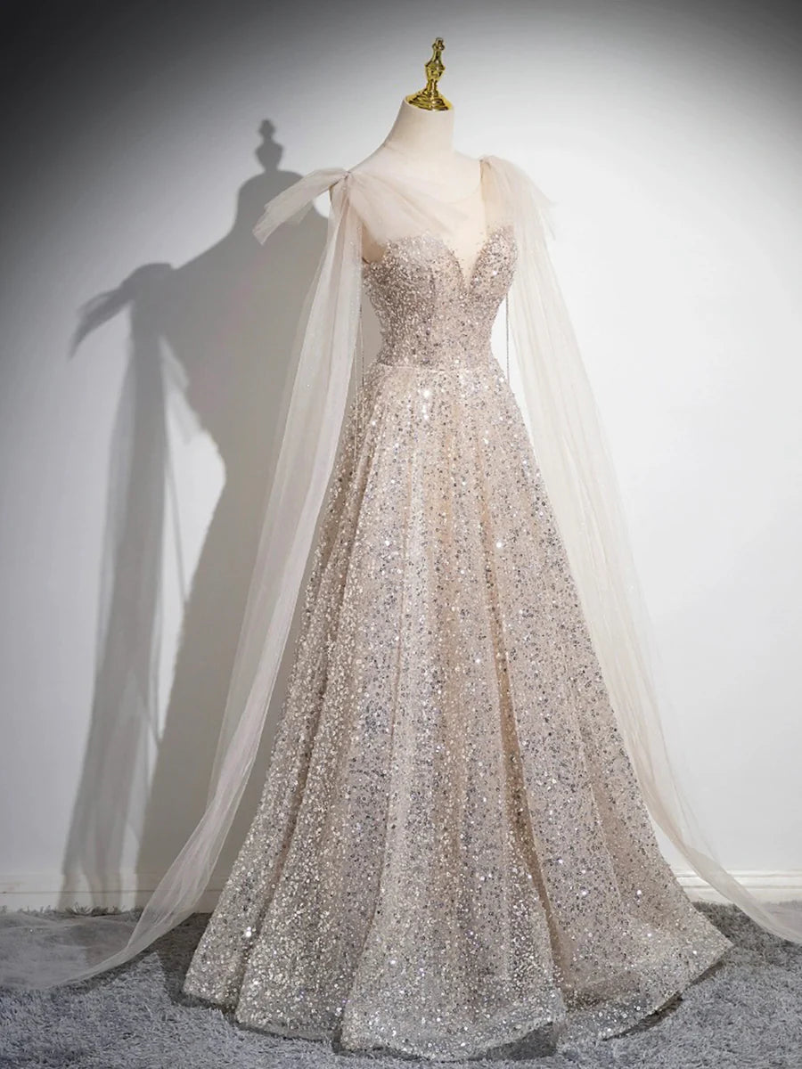 A-Line Sparkling Shine Evening Party Dress Champagne Tulle Sequins Long Prom Dress